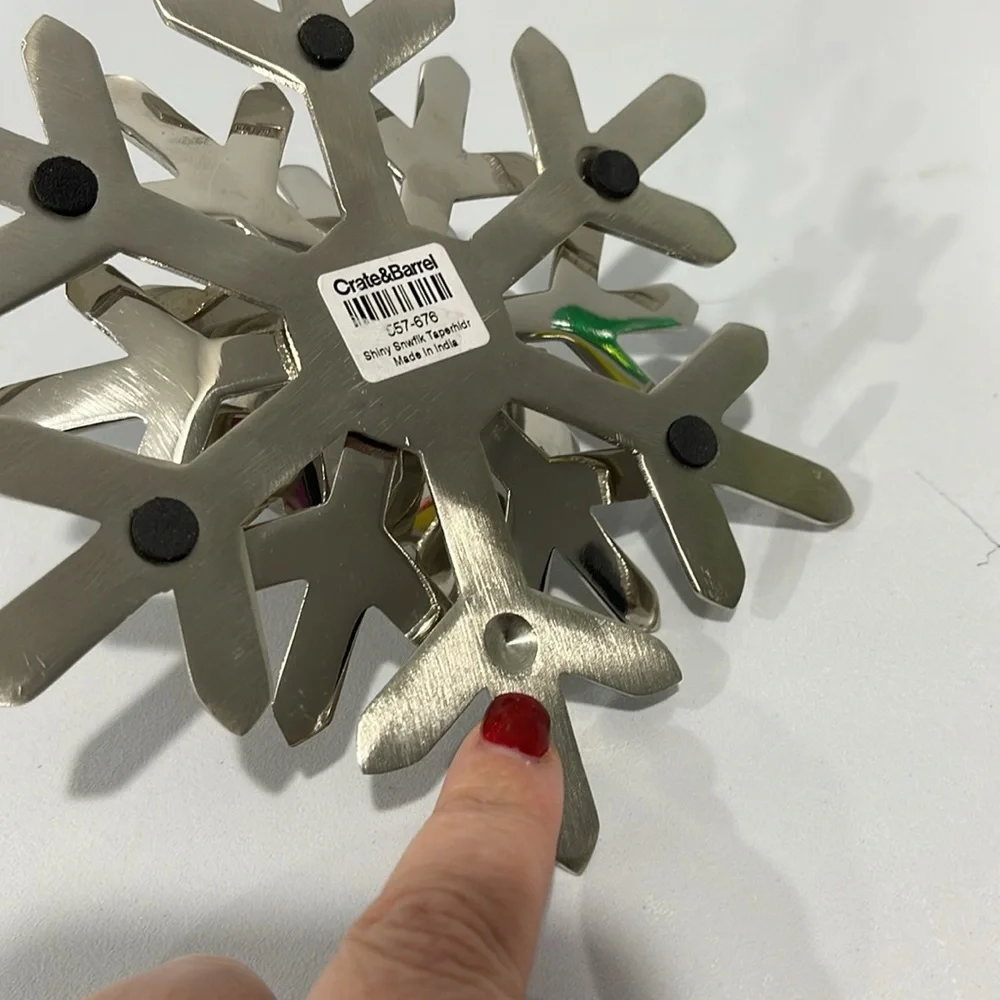 Crate & Barrel Silver Shiny Snowflake Taper Candle Holder